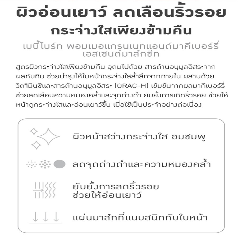 Baby Bright Pomegranate & Maqui Berry Essence Mask Sheet 20G เบบี้ไบร์ท พอมเมอแกรนเนทแอนด์มาคีเบอร์รี่เอสเซนต์มาส์กชีท 20G สูตรผิวกระจ่างใสเพียงข้ามคืน จำนวน 1 ชิ้น ขนาด 20 กรัม/ชิ้น