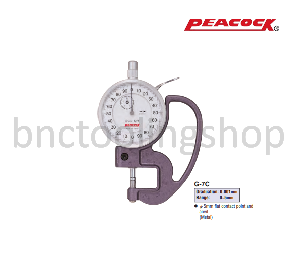 เกจวัดความหนาขนาด 0-5มิล ความละเอียด 0.001มิล,Dial Thickness Gauges Range 0-5mm Graduation 0.001mm,Peacock,G-7C