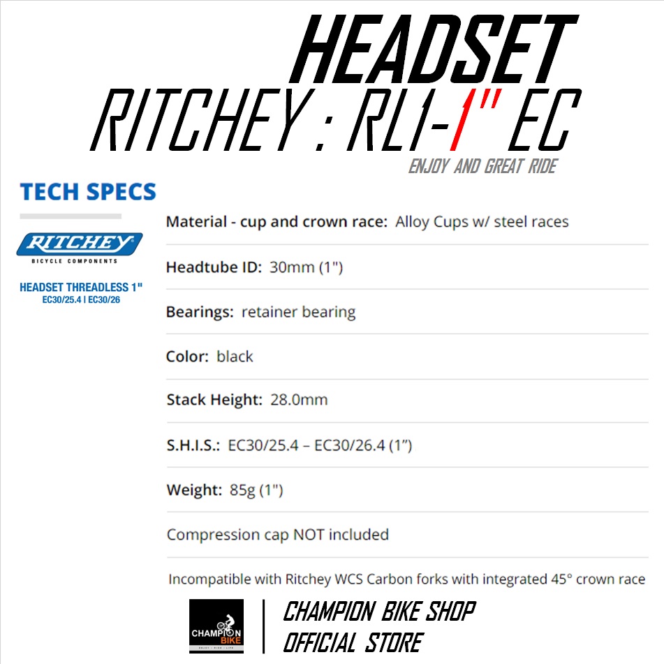 ลูกปืนคอ 1 นิ้ว RITCHEY : RL1 - 1" EXTERNAL CUP EC THREADLESS HEADSET สีดำ