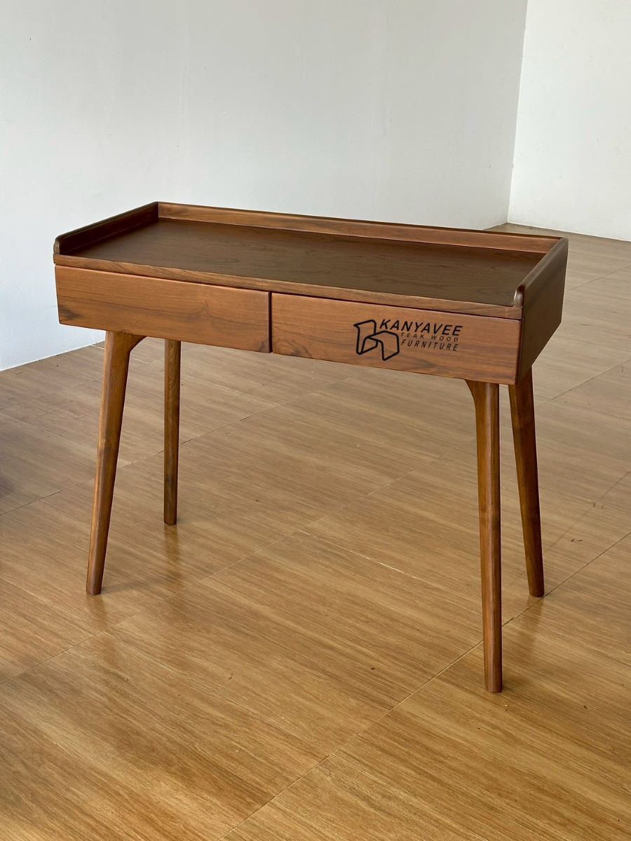 โต๊ะทำงานไม้สักมินิมอล สีวอลนัทเข้ม