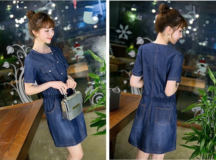 ชุดเดรสยีนส์สีน้ำเงินเข้ม แขนสั้น ส่งฟรี ems