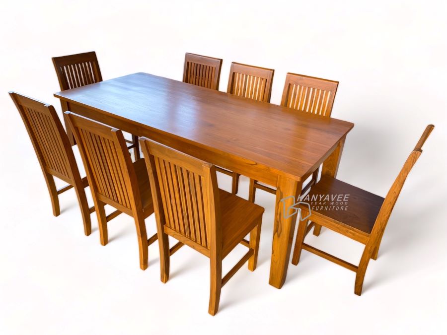 ชุดโต๊ะกินข้าวไม้สัก 8 ที่นั่ง สีสักทอง