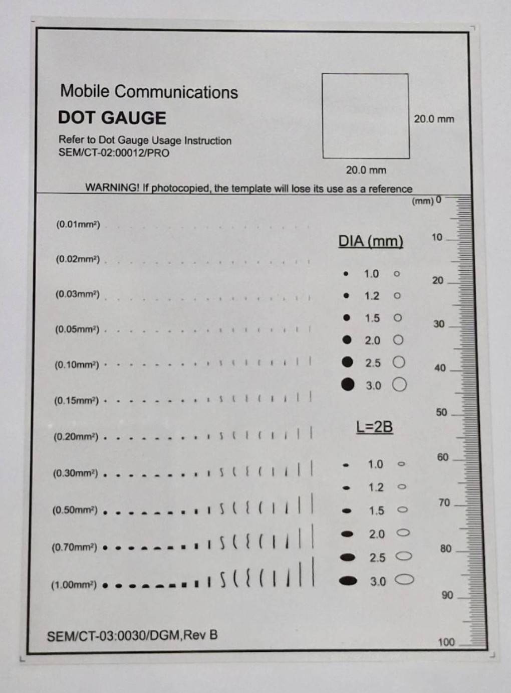 แผ่นใสมาตรฐานตรวจสอบงาน จุด เส้น บรรทัด Dot Gauge Mobile Communications Size : 143mmx103mm