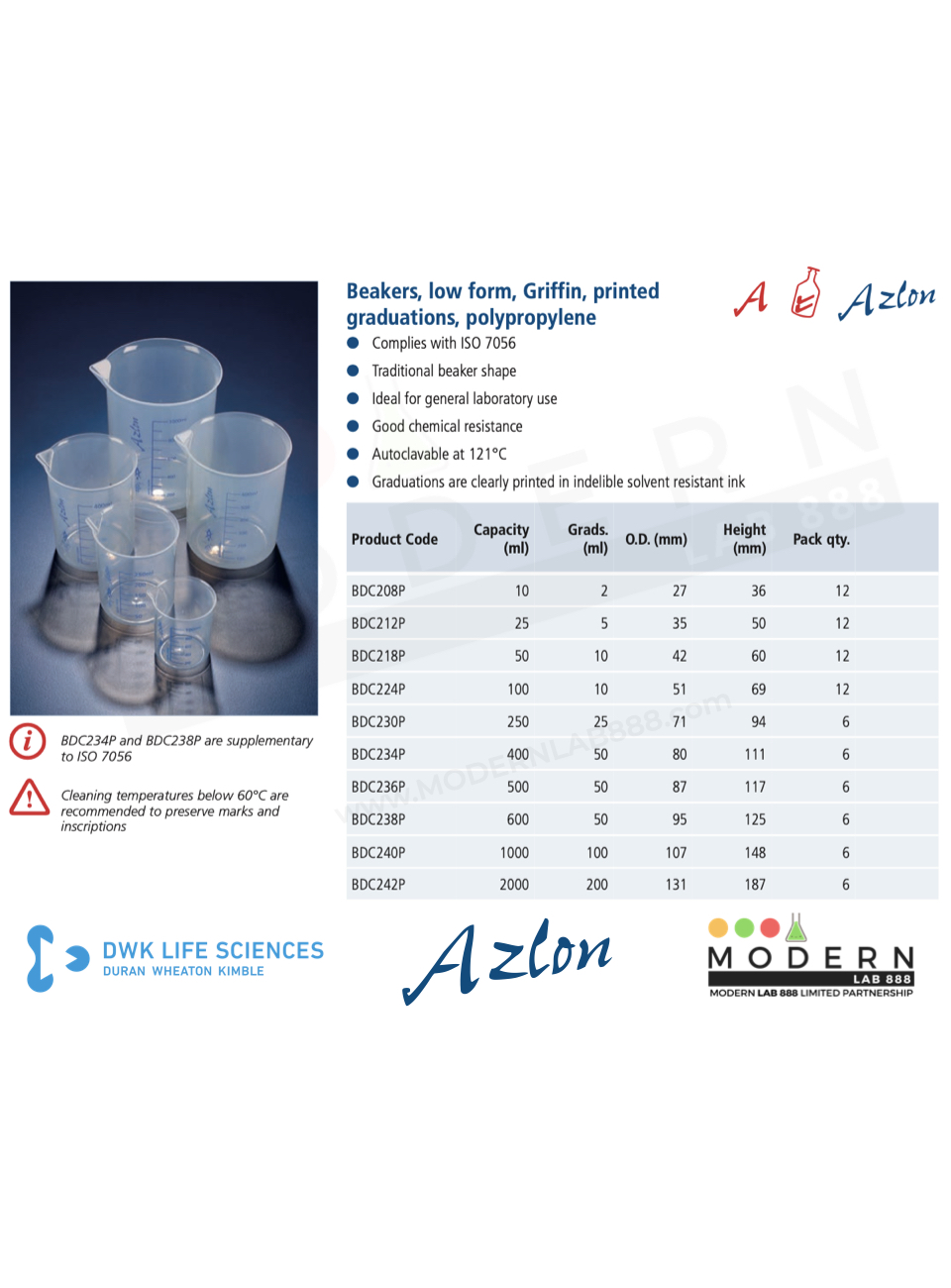 บีกเกอร์ พลาสติก PP สเกลสีฟ้า / Beaker, low form griffin style, Blue scale, PP, "AZLON"