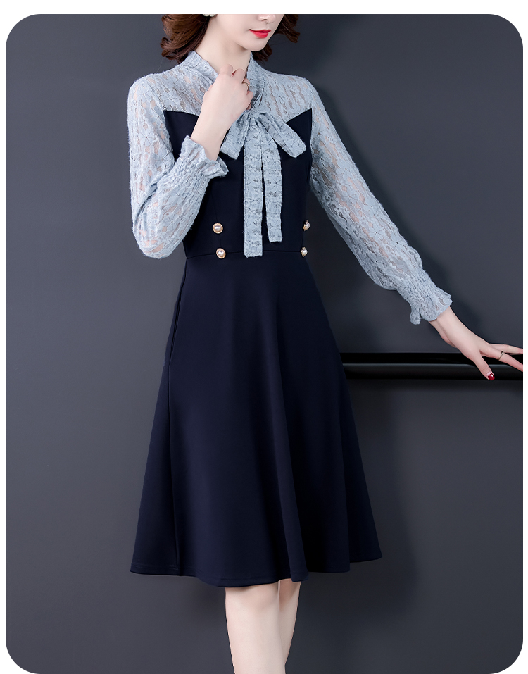 ชุดเดรสสีน้ำเงินแขนยาว ผ้าคอตตอนผสม spandex เนื้อดี ทิ้งตัวสวย ส่งฟรี