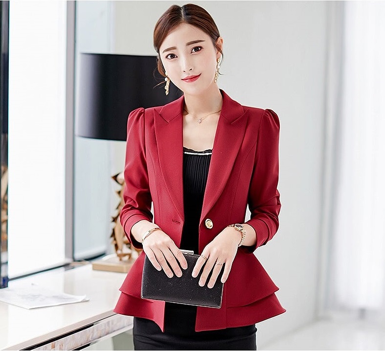 เสื้อสูทสีไวน์แดง ผ้าโพลีเอสเตอร์ผสม แขนยาว เข้ารูปช่วงเอว ส่งฟรี ems