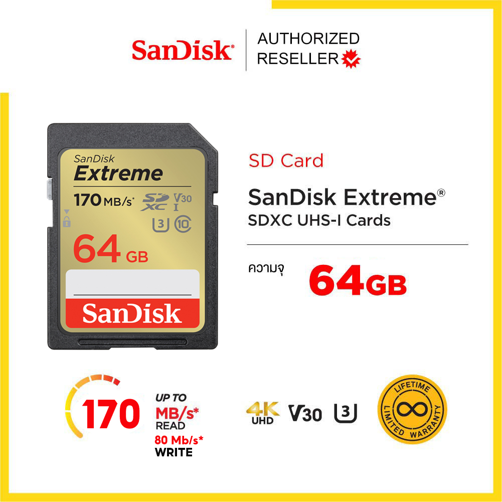 SanDisk Ultra SD Card ClassU3 64GB Speed 170MB/s / 80MB/s R/W (SDSDXV2-064G-GNCIN) SDXC เมมโมรี่การ์ด สำหรับ SDCARD กล้องมิลเลอร์เลส DSLR Mirrorless ประกันตลอดอายุการใช้งาน