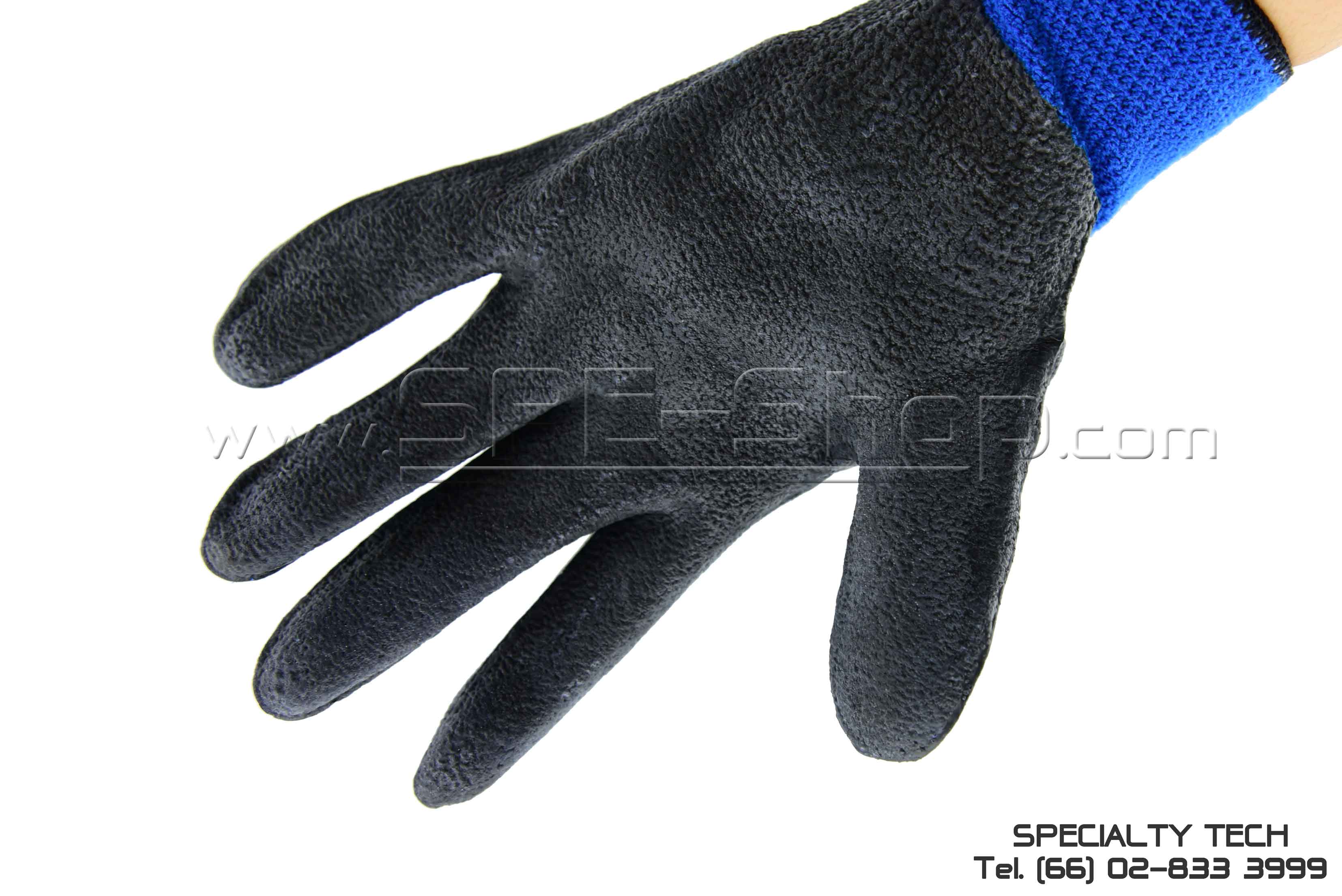 ถุงมือถักกันลื่น เคลือบโฟม สีฟ้า Foamed Rubber Palm Coated Glove