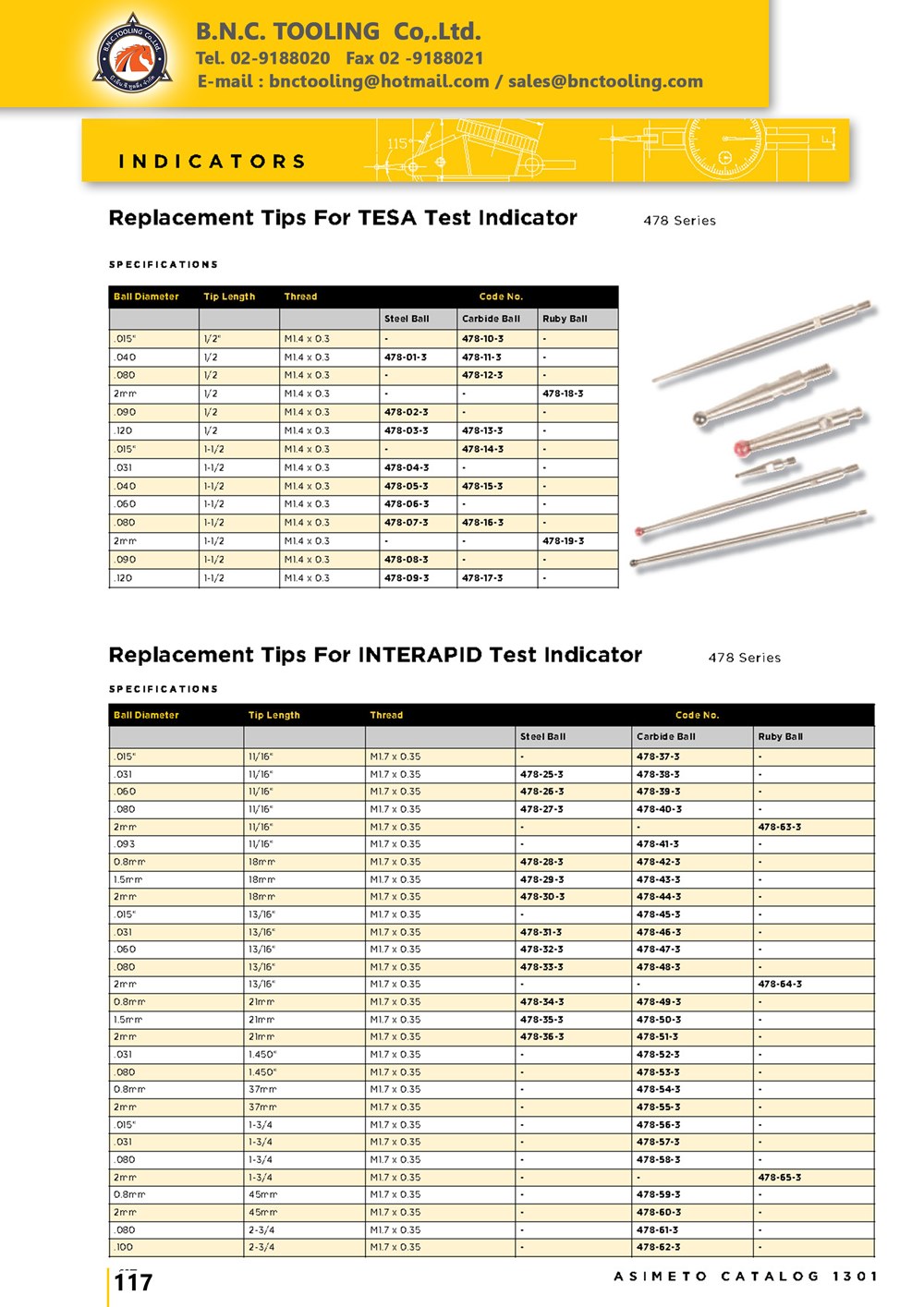 ASIMETO,P117,Replacement Tips For TESA Test Indicator,478-10-3