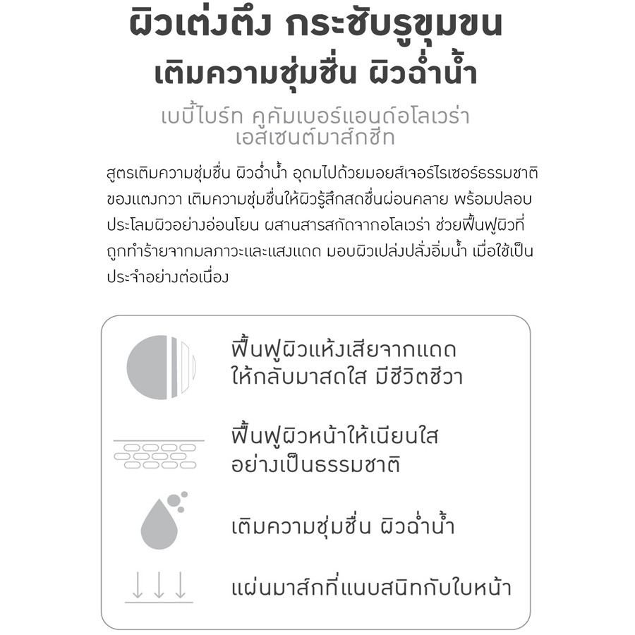 Baby Bright Cucumber & Aloe Vera Essence Mask Sheet 20G เบบี้ไบร์ท คูคัมเบอร์แอนด์อโลเวร่าเอสเซนต์มาส์กชีท 20G สูตรเติมความชุ่มชื่น ผิวฉ่ำน้ำ จำนวน 1 ชิ้น ขนาด 20 กรัม/ชิ้น