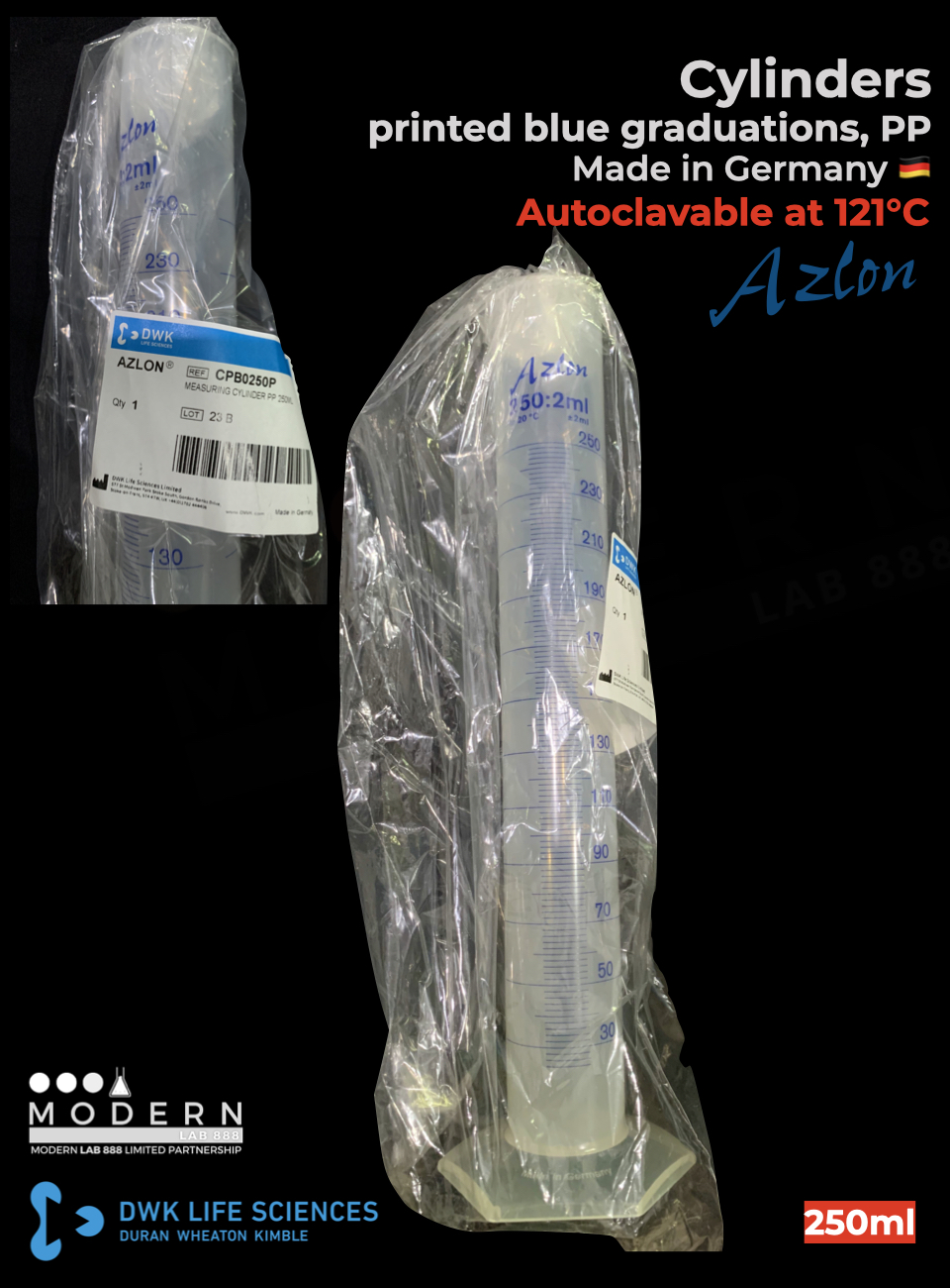 กระบอกตวง พลาสติก PP แบบสเกลสีฟ้า / Cylinder, printed graduations, class B, PP, "AZLON"