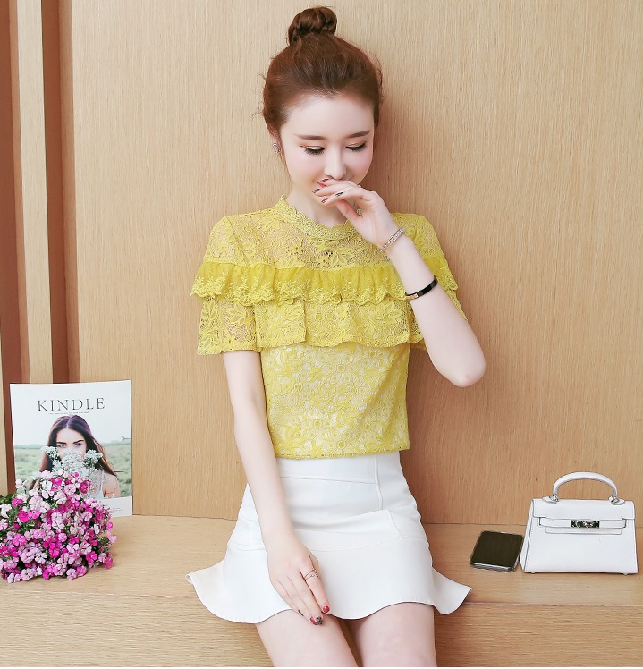 เสื้อลูกไม้สีเหลือง ผ้าลูกไม้เนื้อนิ่ม ส่งฟรี ems
