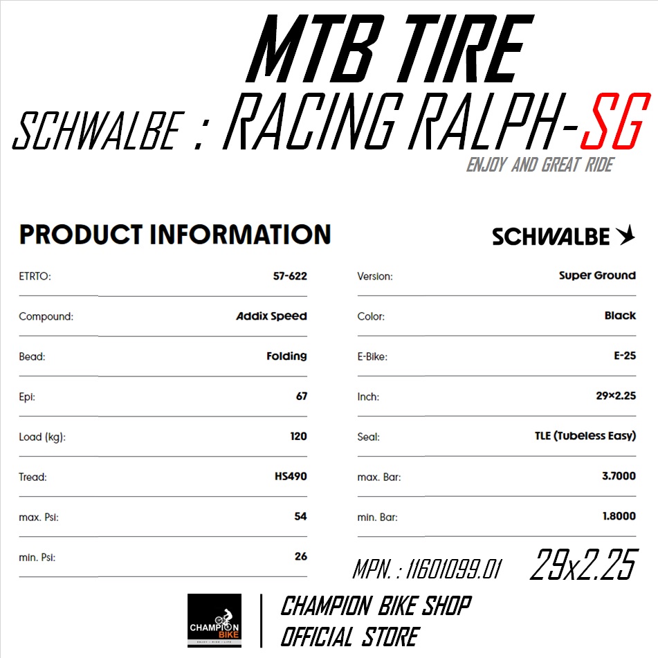 ยางเสือภูเขา29 ยางอีไบค์29 SCHWALBE : RACING RALPH-SUPER GROUND TLE 29x2.10 / 29x2.25 TUBELESS MTB TIRE / E-BIKE TIRE ขอบพับ