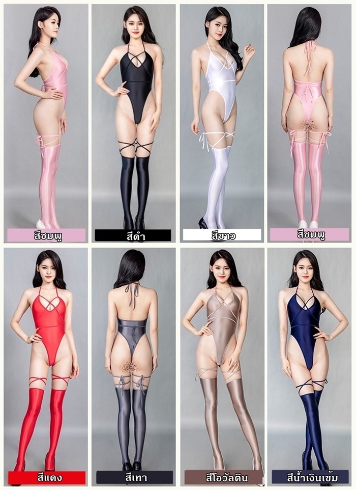 L122 ชุดบอดี้สูทเซ็กซี่ ชุดชั้นในเซ็กซี่มาในแบบเซตบอดี้สูทพร้อมถุงน่องเป็นผ้ายืดเนื้อมันเงา ตัวชุดเป็นลักษณะแบบชุดว่ายน้ำสวมใส่แบบผูกคล้องคอ มาพร้อมกับถุงน่องยาวเลยเข่าตรงขอบมีสายพันรอบขาตามรูปเลยค่ะ