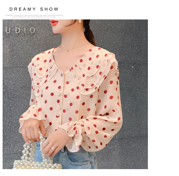 เสื้อสีครีมลายจุดสีแดง เสื้อใส่ทำงานสวยๆๆ ส่งฟรี ems