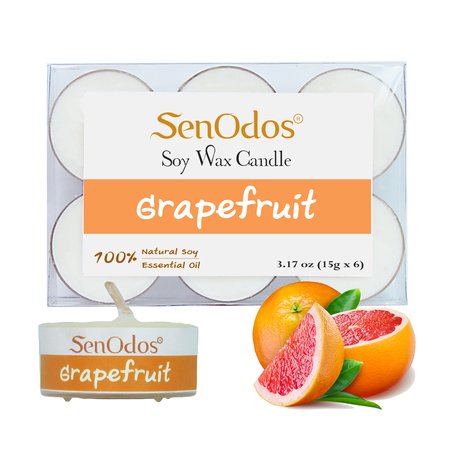 SenOdos เทียนหอม อโรม่า เทียนทีไลท์ Tealight Set Grapefruit Soy Candles - กลิ่นเกรปฟรุตแท้ 15 g. (6 ชิ้น)