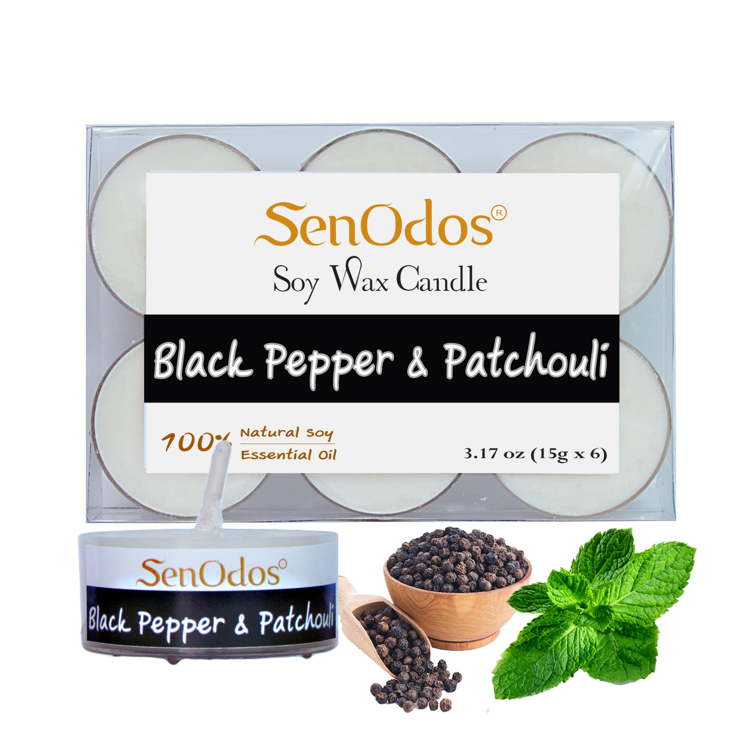 เทียนหอม เทียนทีไลท์ อโรม่า Black Pepper + Patchouli Tealight Soy Candle Aroma 15g x6 PCS กลิ่นพริกไทยดำ + แพทชูลี่