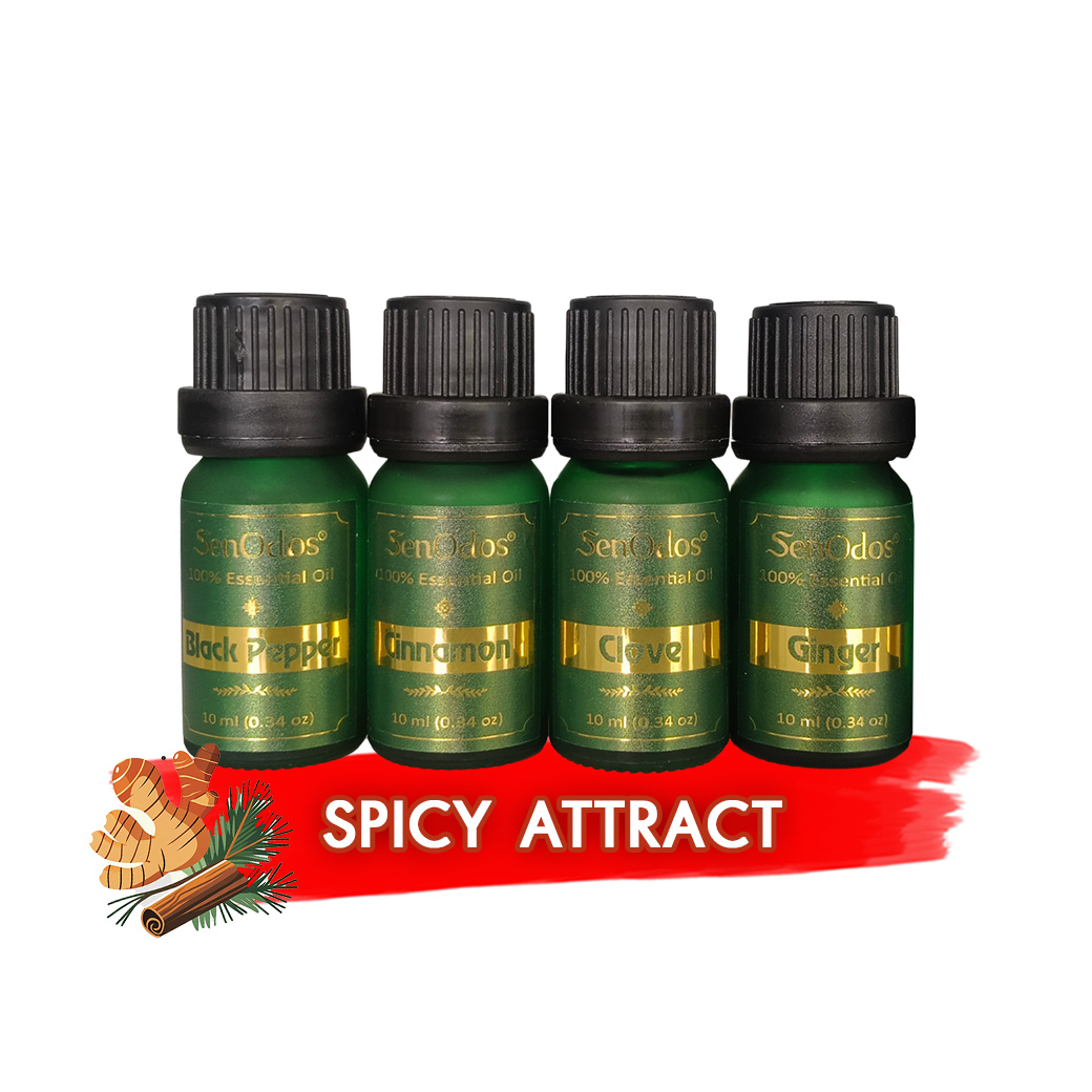 SenOdos น้ำมันหอมระเหย น้ำมันหอม อโรม่า กลิ่นหอมเผ็ดร้อนตื่นตัว (Spicy Attract Set) 10 ml x 4 กลิ่น (พริกไทยดำ/อบเชย/กานพลู/ขิง)