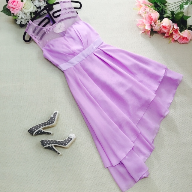 ชุดเดรสออกงานสีม่วง ส่งฟรี ems