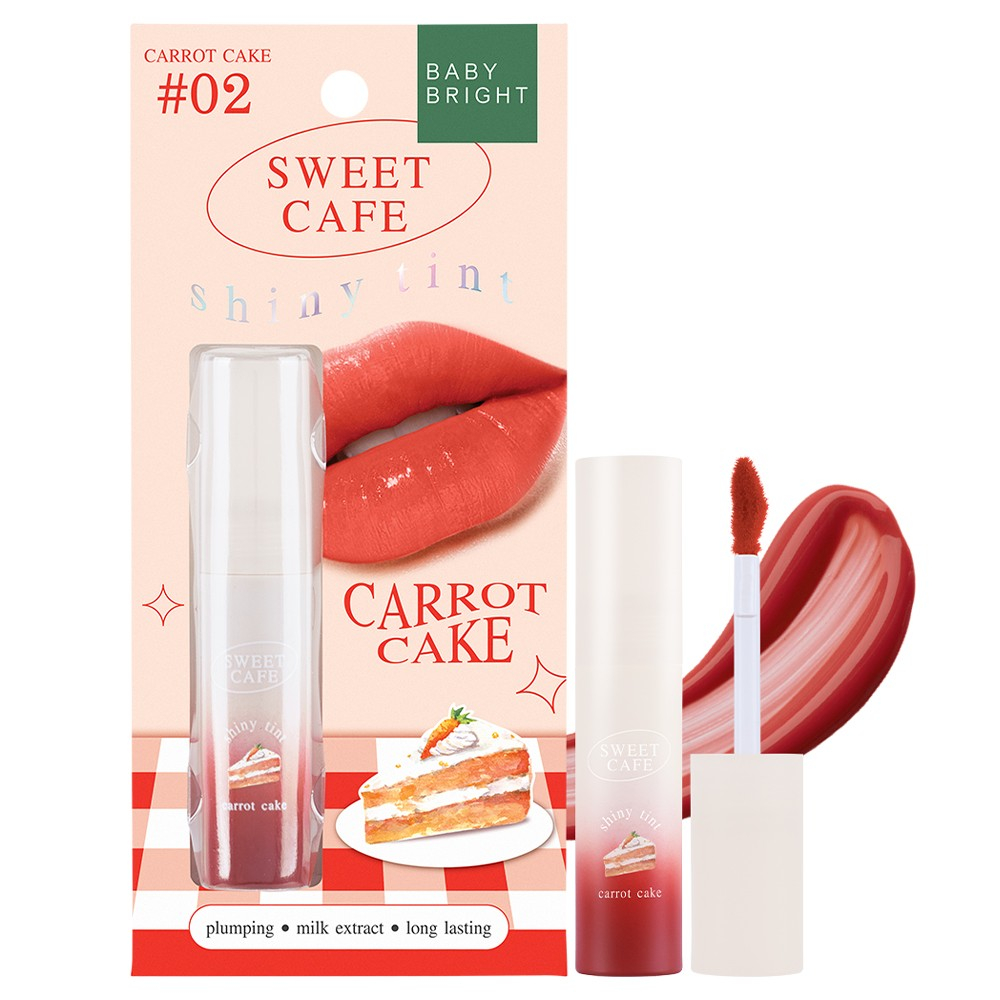 Baby Bright Sweet Cafe Shiny Tint #02 CARROT CAKE 2.8g เบบี้ไบร์ท สวีทคาเฟ่ไชน์นี่ทินท์ 2.8g. ลิปทินท์เนื้อเจล ติ้นทาปาก สีชัด บางเบาไม่ตกร่อง สี 02 แครอทเค้ก