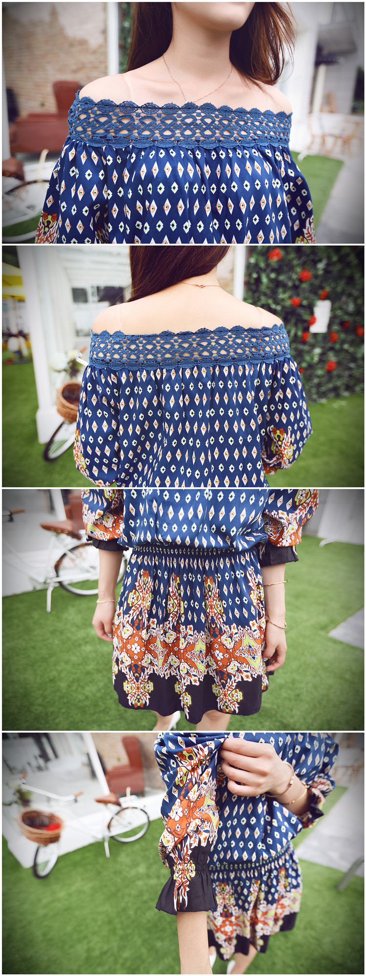 ชุดเดรสผ้าฝ้ายสีน้ำเงิน พิมพ์ลาย แขนยาว คอปาด ส่งฟรี ems