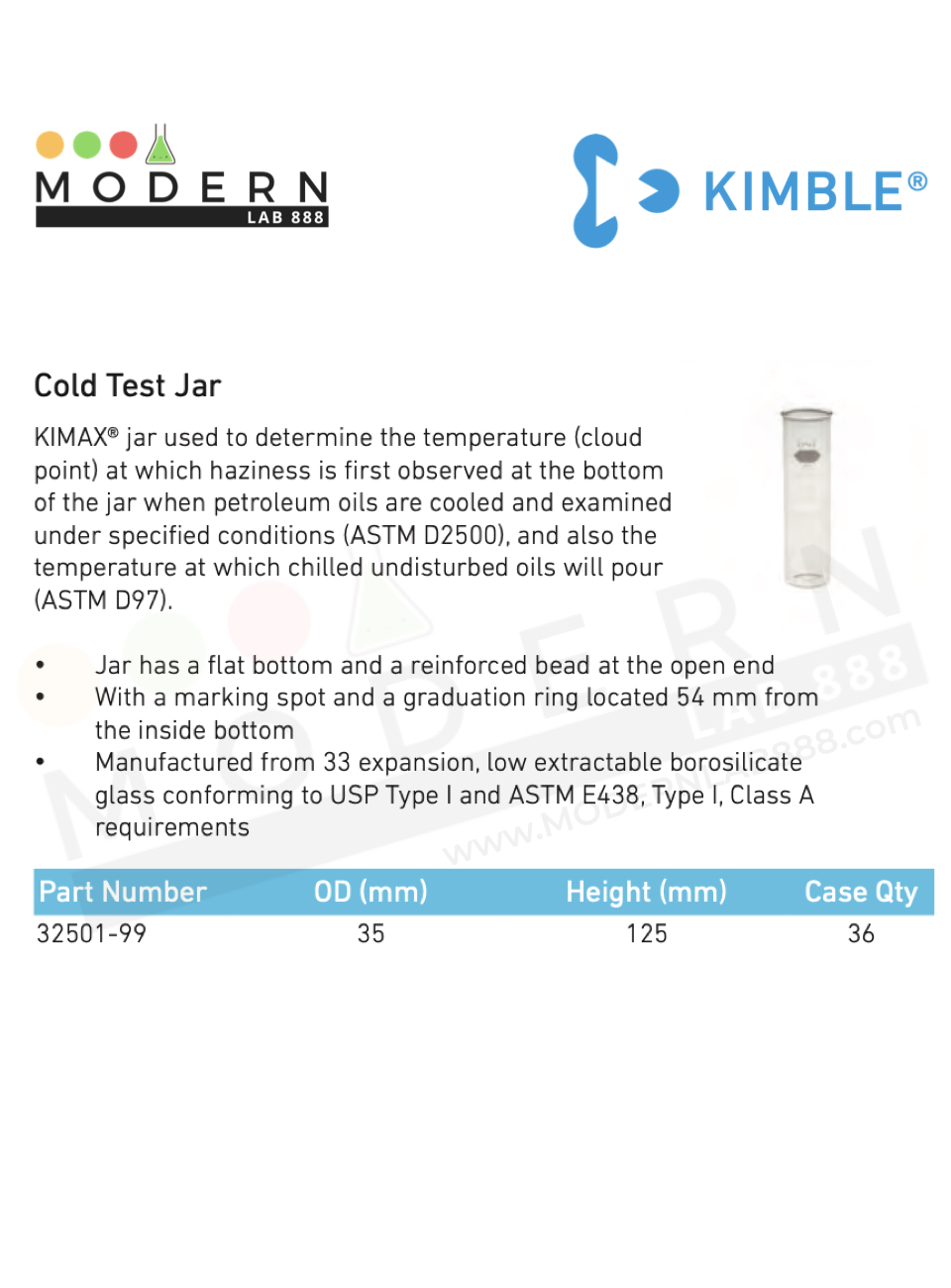 Cold Test Jar (Cloud and Pour Point Test Jar), 35 x 125mm