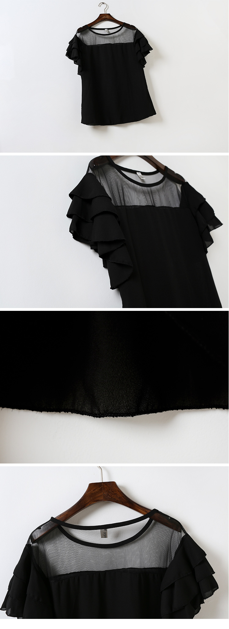 เสื้อผ้าชีฟองเนื้อดีสีดำ ซีทรูช่วงไหล่ แขนเสื้อระบาย 3 ชั้น ส่งฟรี ems