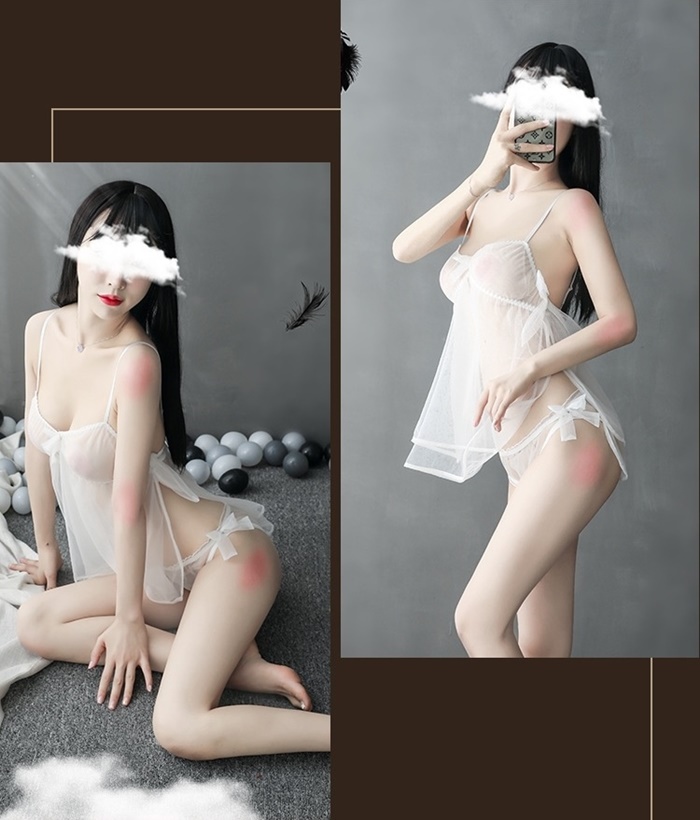 N823 ชุดนอนเซ็กซี่ ชุดนอนซีทรูสวมใส่แบบใช้สายคล้องไหล่ ตัวชุดเย็บตกแต่งโบว์ตามภาพมาพร้อมกับกางเกงในผ้าซีทรูเข้าชุดตามรูปถ่ายสินค้าจริงค่ะ