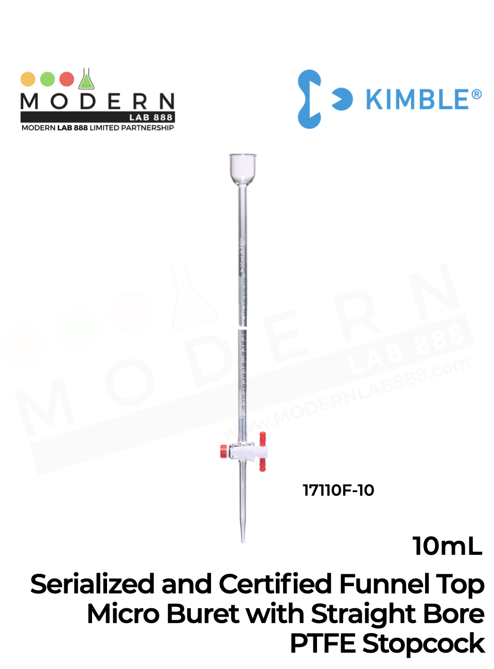 Serialized and Certified Funnel Top Micro Buret with Straight Bore PTFE Stopcock, 10ml