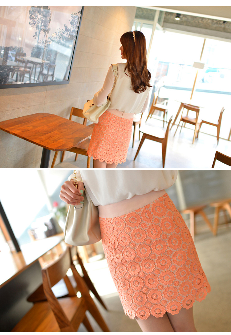 กระโปรงผ้าถักโครเชต์ลายดอกไม้สีส้ม ส่งฟรี ems