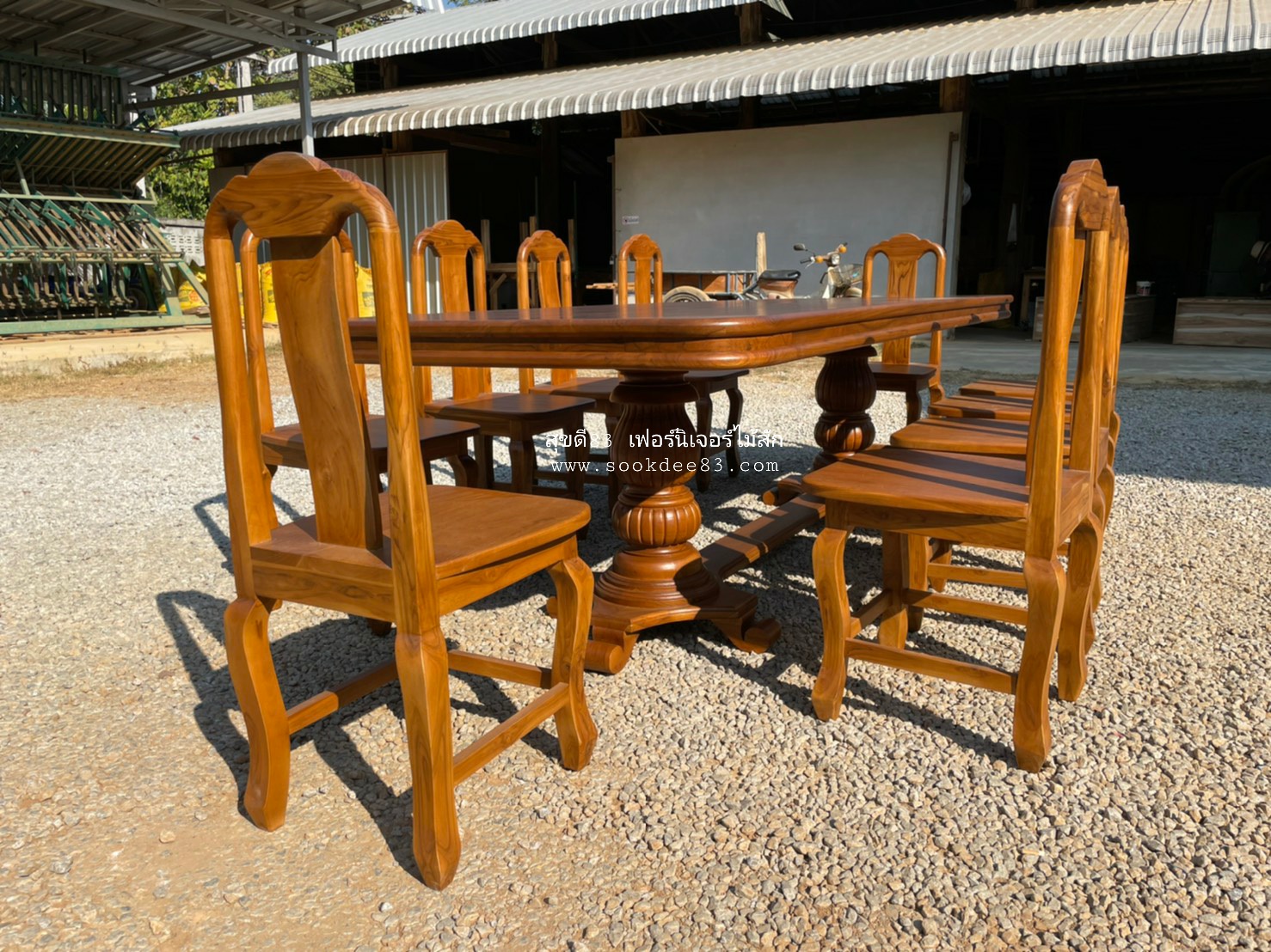 ชุดโต๊ะกินข้าว ขามะเฟืองคู่ แผ่นเรียบ 2.7 ม. 10 ตัว