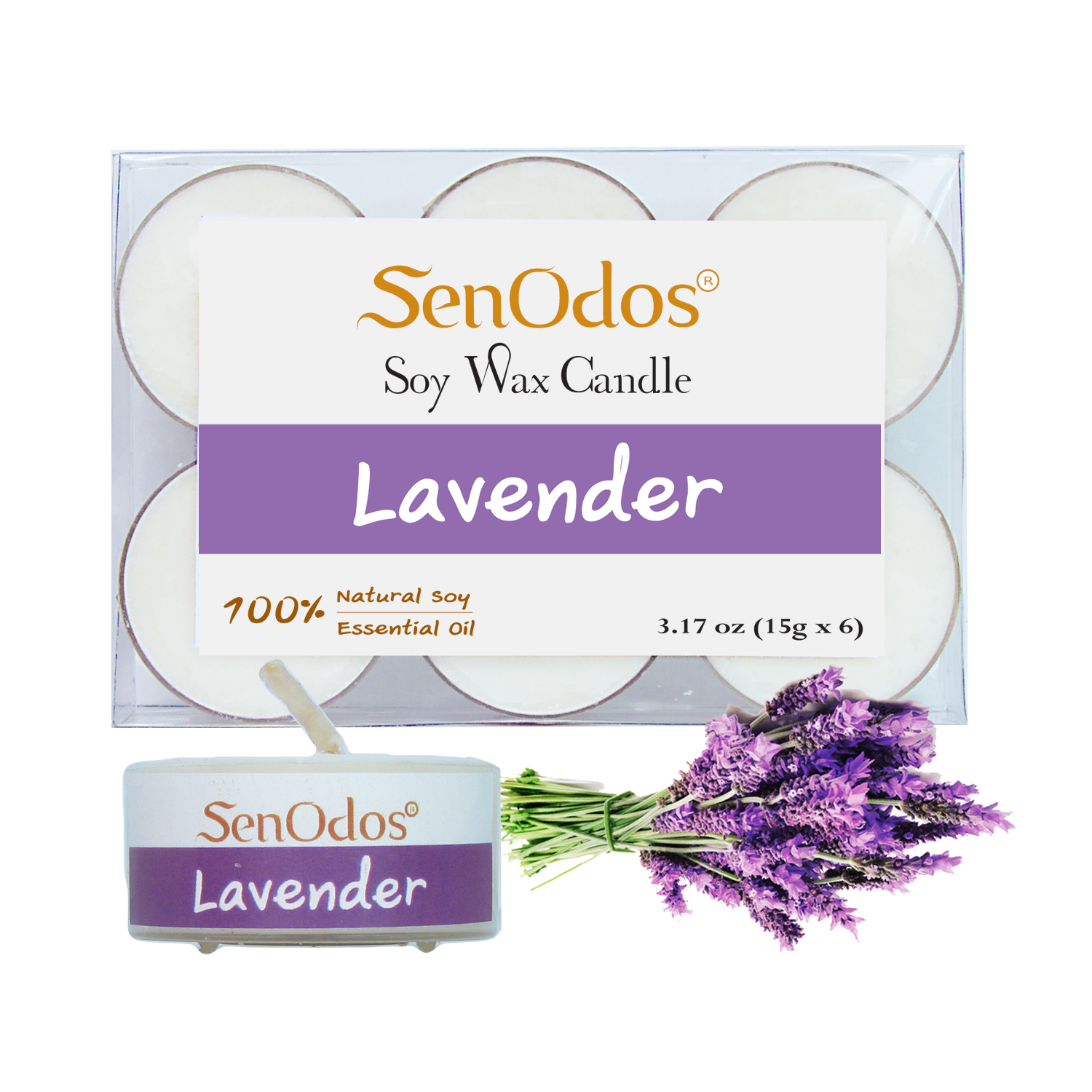 SenOdos เทียนหอม อโรม่า เทียนทีไลท์ Tealight Set Lavender Soy Candles - กลิ่นลาเวนเดอร์แท้ 15 g. (6 ชิ้น)