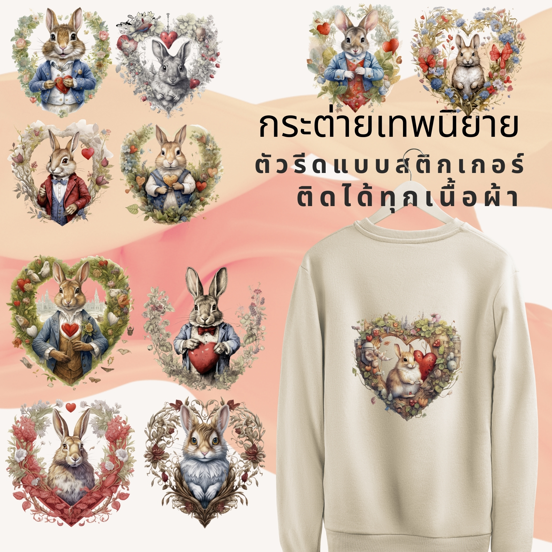 ตัวรีดติดผ้า ตัวรีดติดเสื้อ แบบสติกเกอร์ เซท กระต่าย เทพนิยาย พิมพ์ลาย สกรีนลาย ฟิลม์ DFT DTF