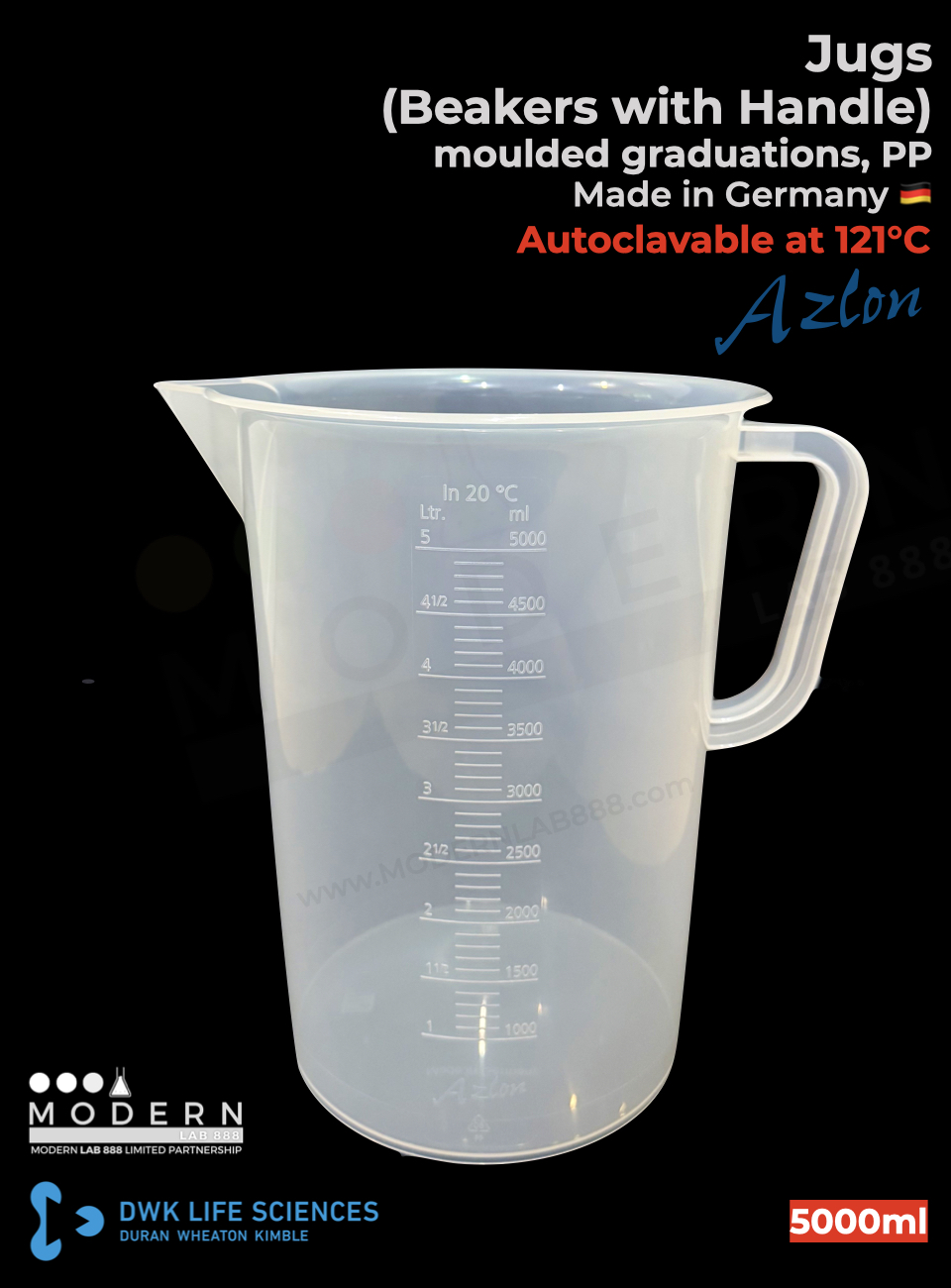 บีกเกอร์มีหูจับ พลาสติก PP แบบสเกลตัวนูน / Jug, moulded graduations, PP, "AZLON"