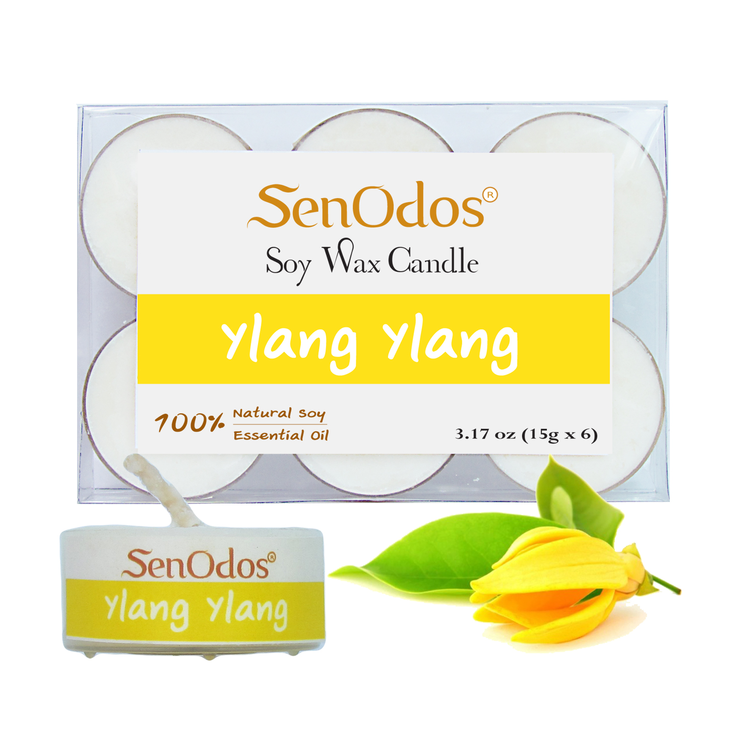 SenOdos เทียนหอมอโรม่า เทียนทีไลท์ Tealight Set Ylang Ylang Soy Candles - กลิ่นกระดังงา 15 กรัม 6 ชิ้น