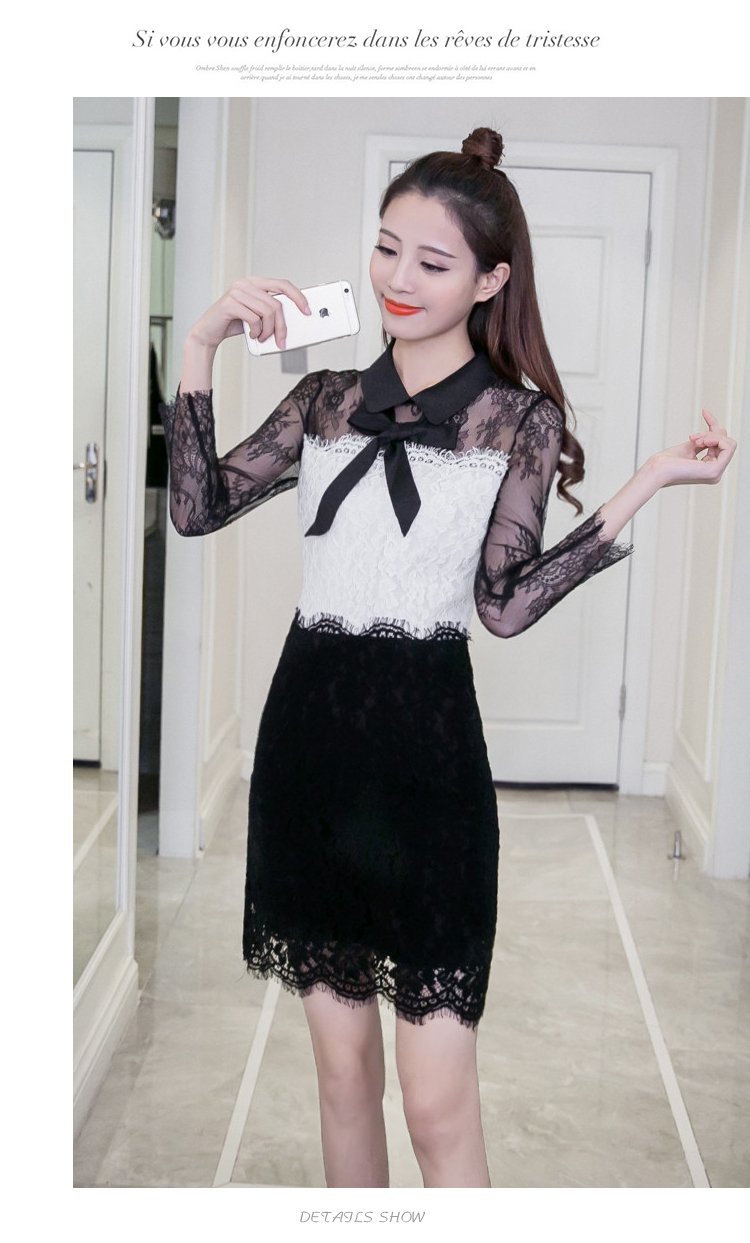 ชุดเดรสผ้าลูกไม้เนื้อดีตัวเสื้อสีขาว แขนเสื้อและกระโปรงผ้าลูกไม้สีดำ ส่งฟรี ems