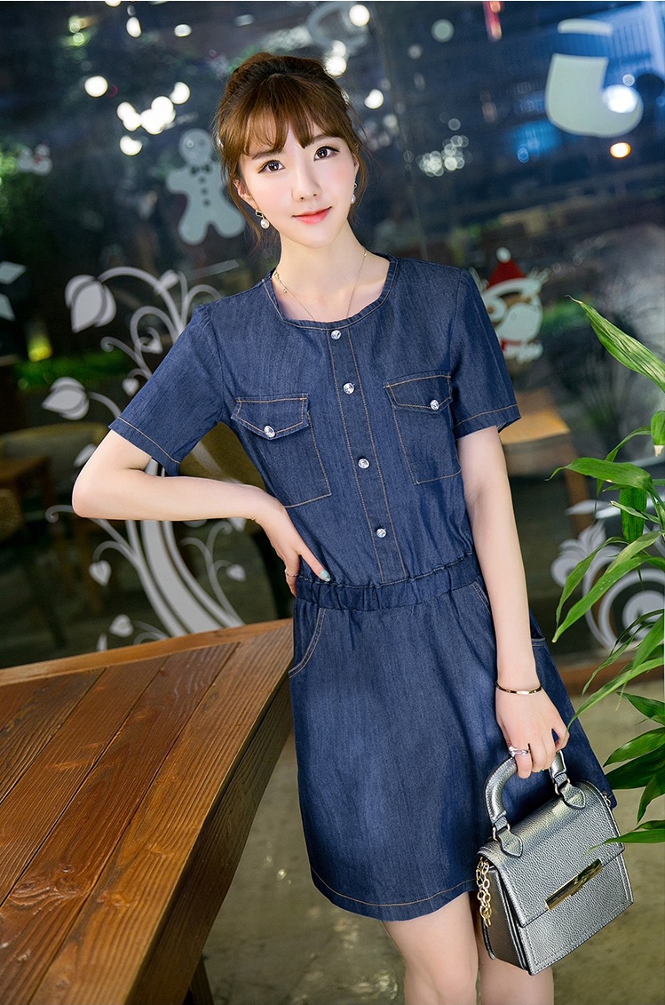 ชุดเดรสยีนส์สีน้ำเงินเข้ม แขนสั้น ส่งฟรี ems