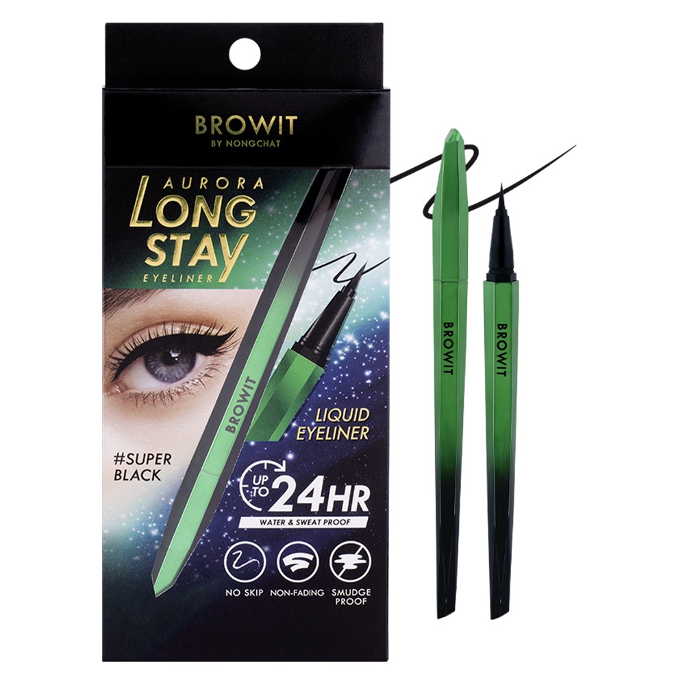 Browit Aurora Long Stay Eyeliner 0.5G #SUPER BLACK บราวอิท น้องฉัตร ออโรร่าลองสเตย์อายไลน์เนอร์ 0.5G อายไลน์เนอร์หัวพู่กันหัวแปรง 0.05MM ติดทน กันน้ำ กันเหงื่อ ไม่แพนด้า สี ซุปเปอร์ แบล็ค