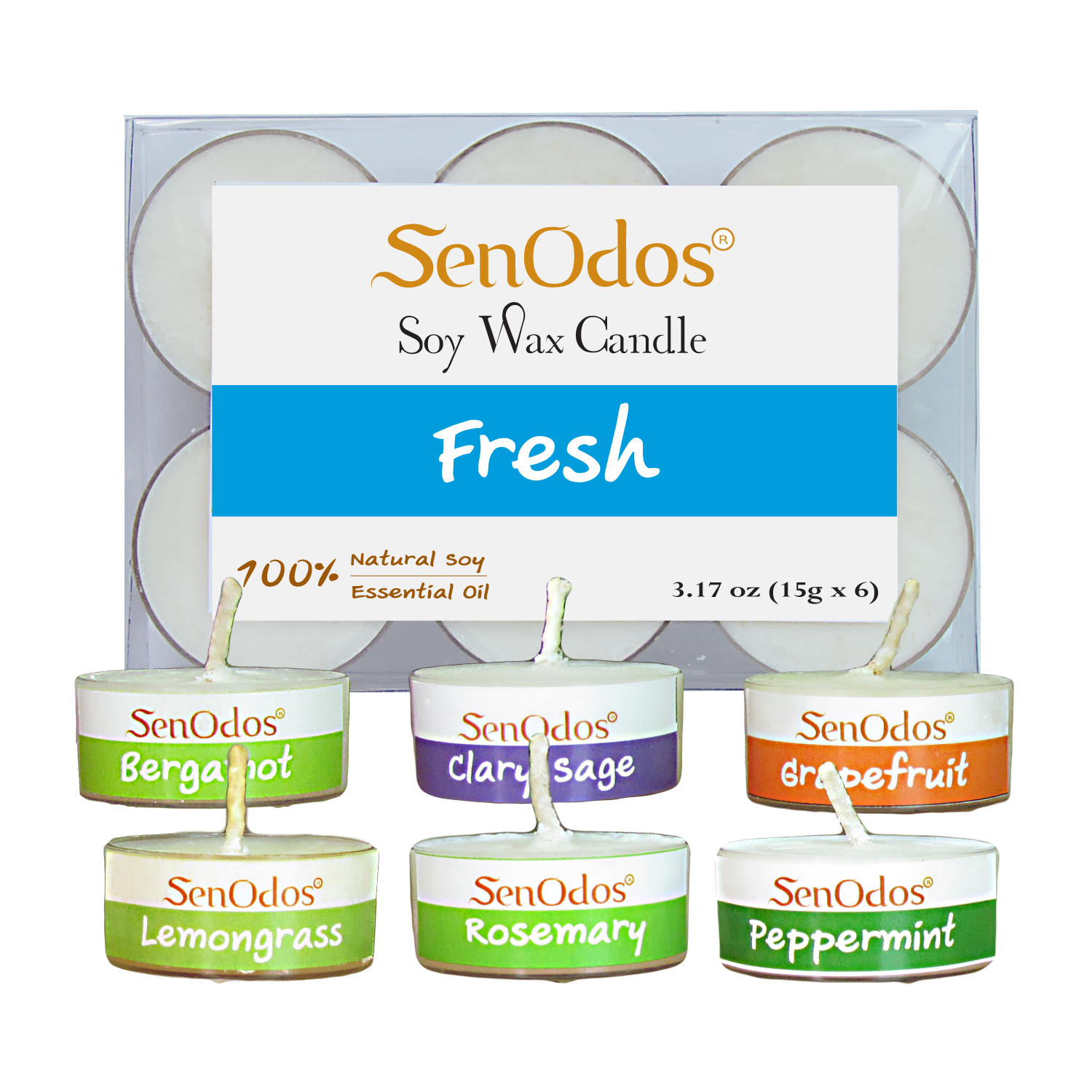 SenOdos Emotional Scented Soy Candles Aroma Fresh (สดชื่น) เทียนหอมอโรม่า เทียนทีไลท์ ขนาดพกพา ขนาดทดลอง 15 g. (แพ็ค 6 ชิ้น)