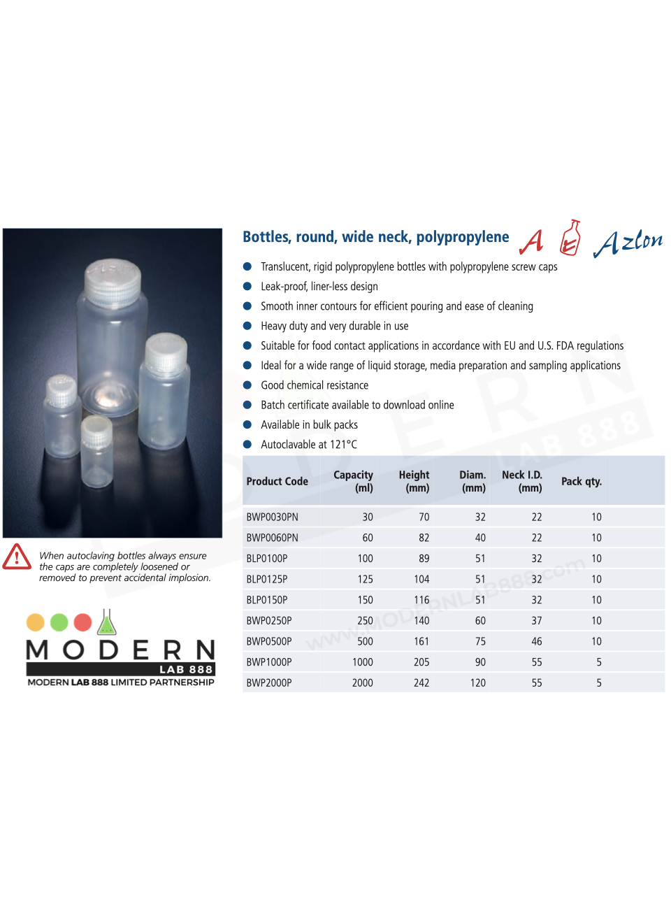 Azlon ขวดพลาสติกปากกว้าง PP / Bottles, Round, Wide Neck, PP
