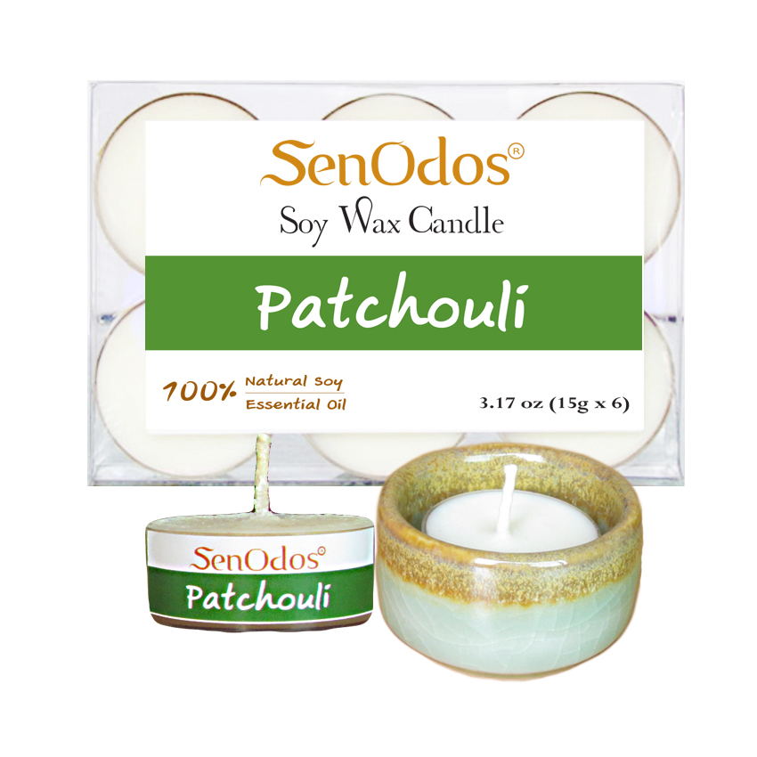 SenOdos เทียนหอม อโรม่า เทียนทีไลท์ Tealight Set Patchouli Soy Candles เทียนหอมอโรม่า - กลิ่นแพทชูลีแท้ 15 g. (6 ชิ้น) + เชิงเทียน ที่วางเทียนทีไลท์ ศิลาดล (เซลาดล) สีเขียวหยกขอบทอง