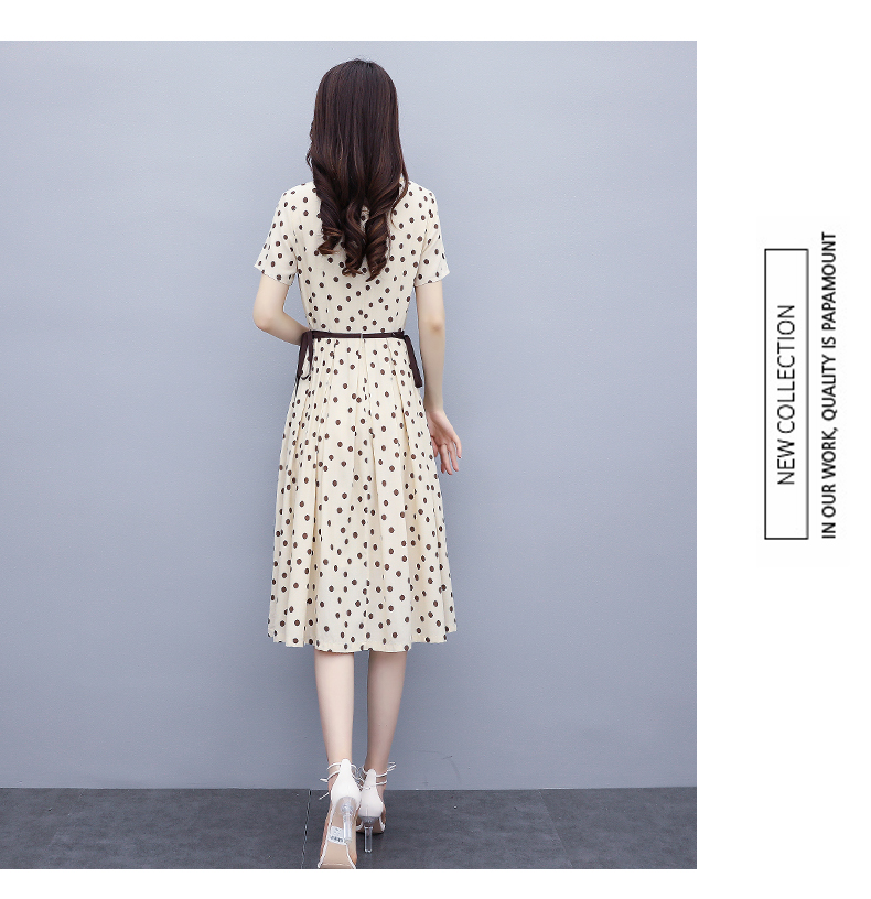 ชุดเดรสใส่ทำงานผ้าโพลีเอสเตอร์ผสมสีครีม ลายจุดสีน้ำตาล ส่งฟรี ems