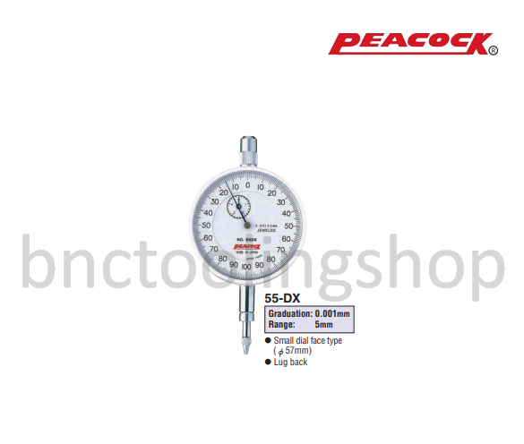 ไดอัลเกจขนาด 5มิล ความละเอียด 0.001มิล,Standard Dial Gauges Range 5mm Graduation 0.001mm,Peacock,55-DX