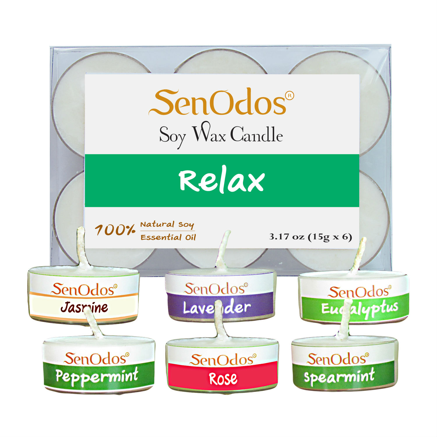 SenOdos กลิ่นสงบพักผ่อน Soy Candles Aroma Relax (ผ่อนคลาย) เทียนหอมอโรม่า เทียนทีไลท์ ขนาดพกพา ขนาดทดลอง 15 g. (แพ็ค 6 ชิ้น)