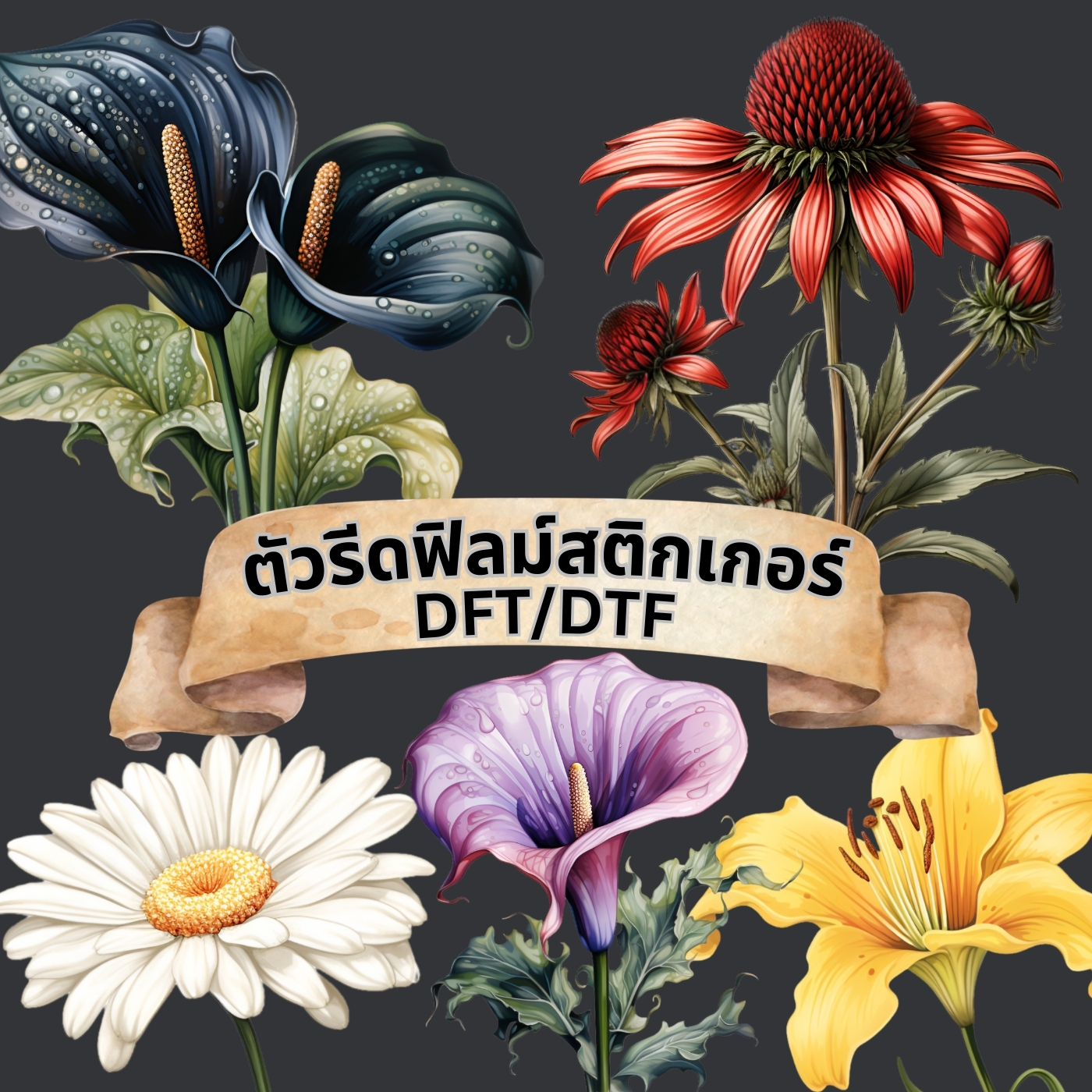 ตัวรีดติดเสื้อ ดอกไม้ ฟิลม์รีดร้อน พิมพ์ลาย สติกเกอร์รีดติดเสื้อ สกรีนลาย ฟิลม์ DFT DTF