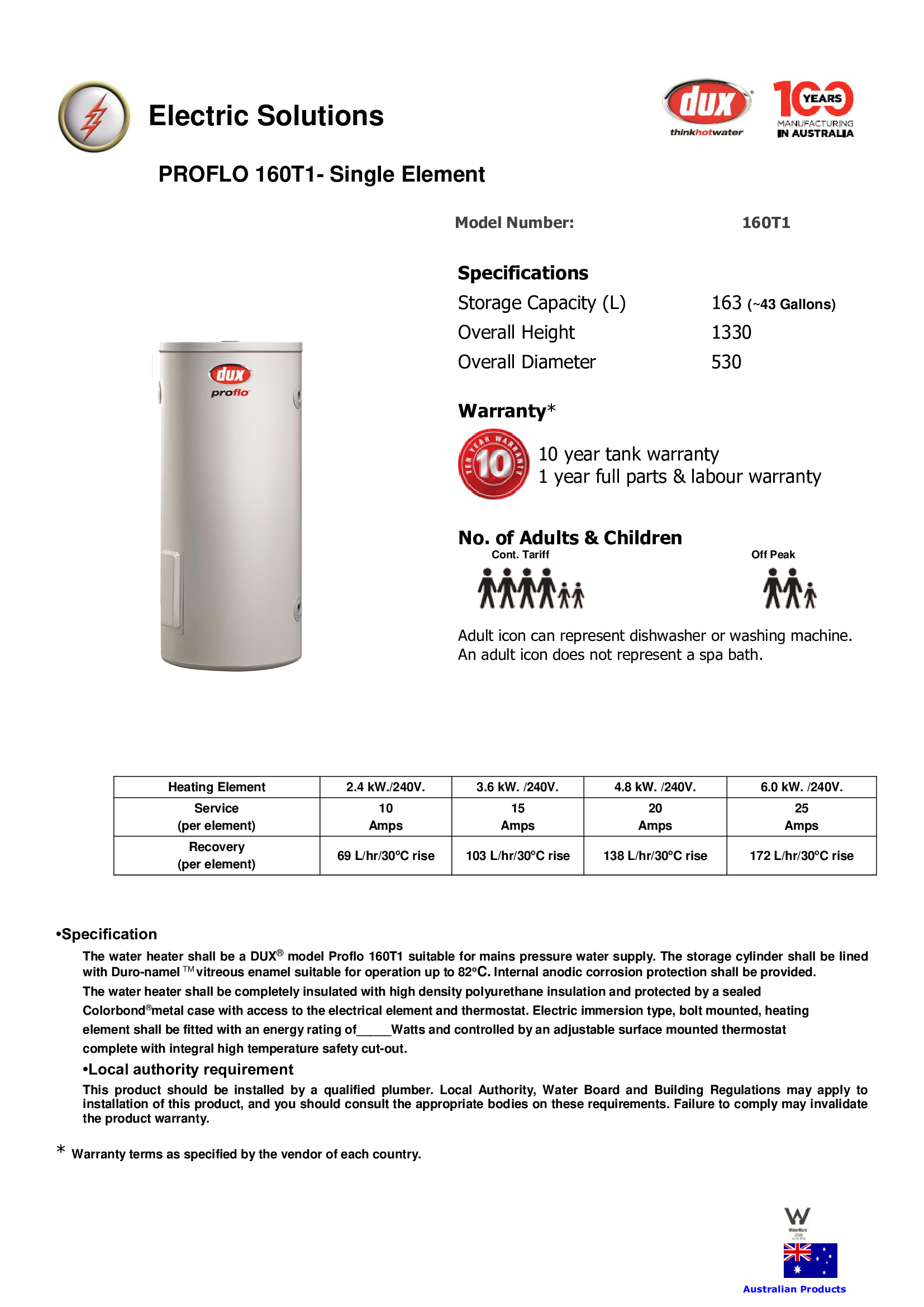 เครื่องทำน้ำร้อนDux160T1 3.6Kw/240V.