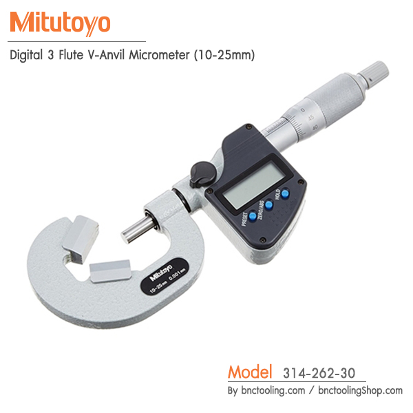 Mitutoyo,Digital 3 Flute V-Anvil Micrometer(10-25mm),314-262-30