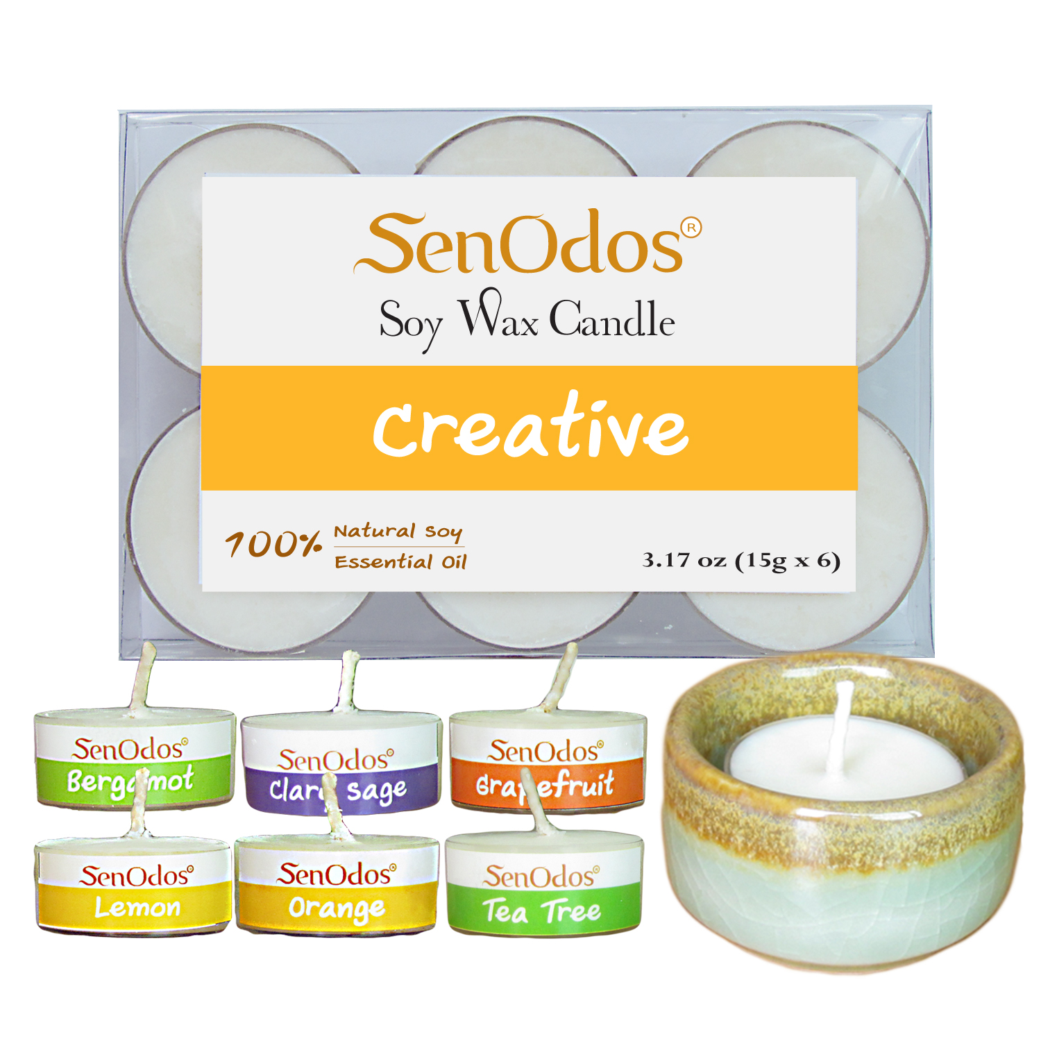 SenOdos Emotional Scented Soy Candles Aroma Creative (สร้างสรรค์) เทียนหอมอโรม่า (แพ็ค 6 ชิ้น) + เชิงเทียน ที่วางเทียนทีไลท์ ศิลาดล (เซลาดล) สีเขียวหยกขอบทอง