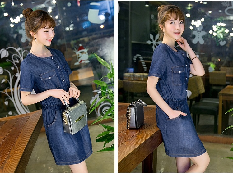 ชุดเดรสยีนส์สีน้ำเงินเข้ม แขนสั้น ส่งฟรี ems