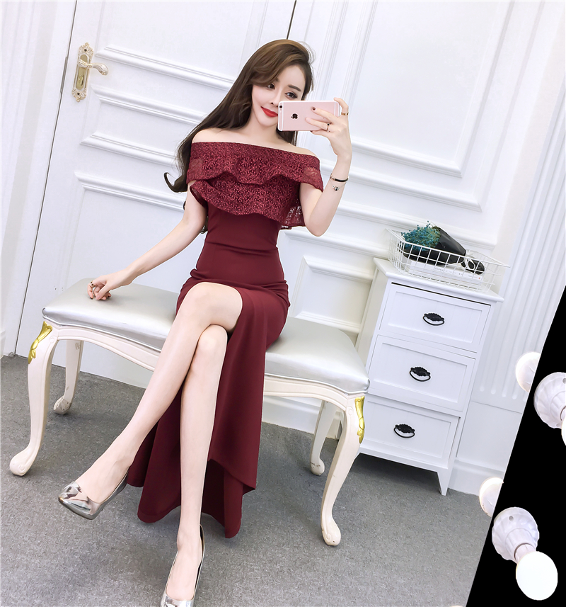 ชุดราตรีสีไวน์แดง ดีไซน์เปิดไหล่ ปิดต้นแขน ส่งฟรี ems